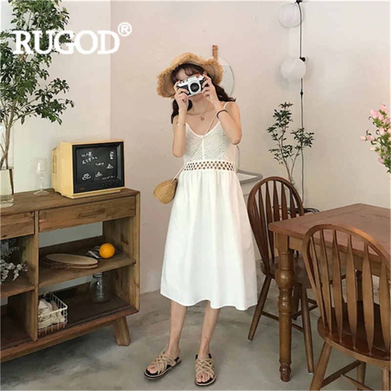 Женское ажурное платье RUGOD однотонное лоскутное длинное на тонких бретельках с