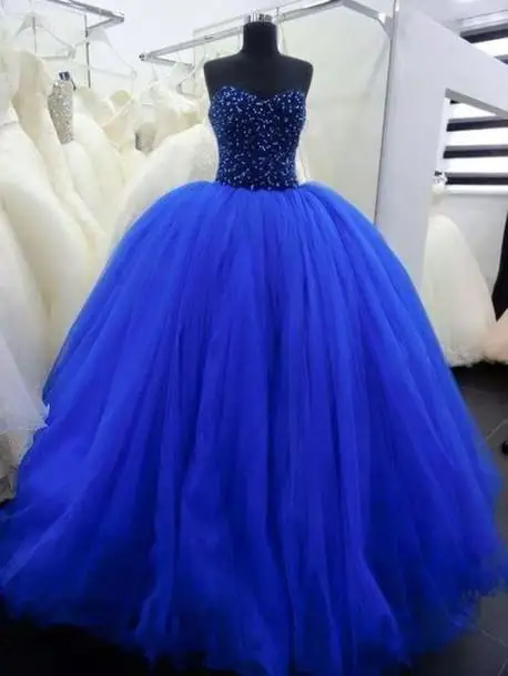 

Quinceanera Dresses Hot Cheap Royal Blue Sweetheart Sweet 16 Dresses Crystal Beads Long Tulle Ball Gown vestidos de 15 anos