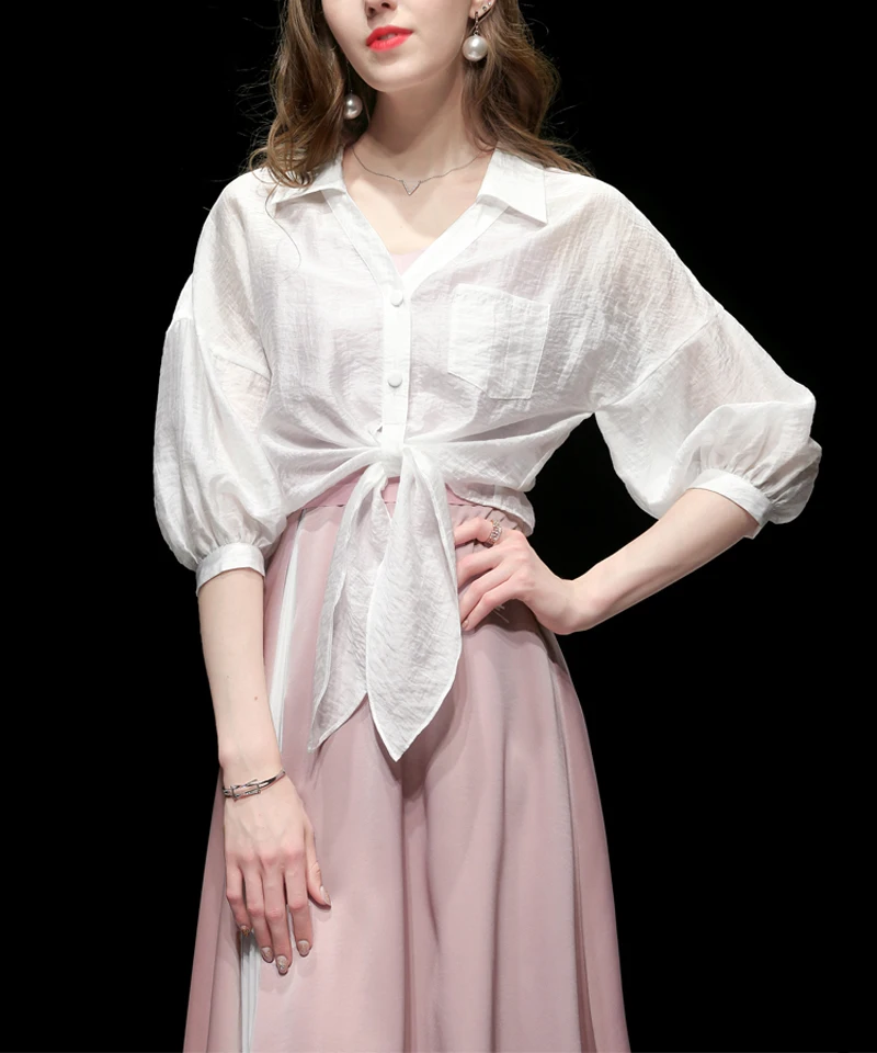 Простой дизайн европейский стиль модная женская блузка однобортная с бантиком