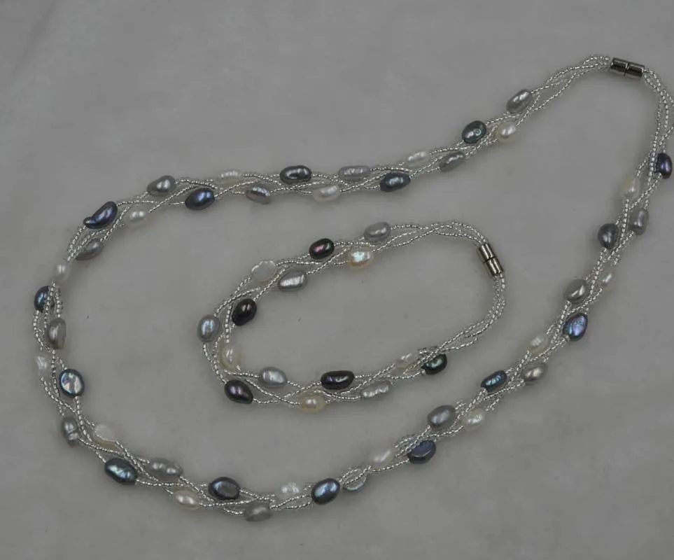 

wholesale 3lines white gray black mix freshwater pearl necklace bracelet sets