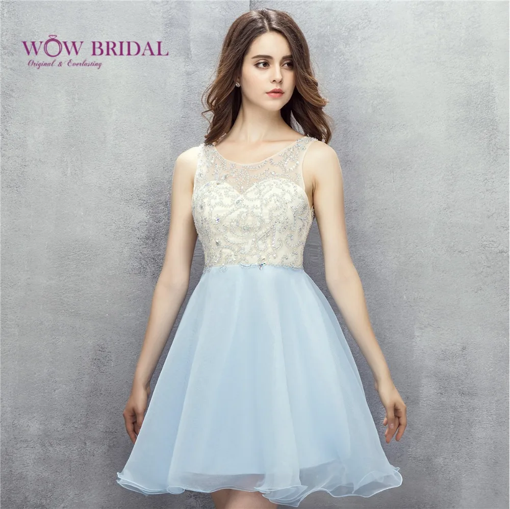 Wowbridal 2017 Голубые короткие платья без рукавов с бисером для выпускного вечера