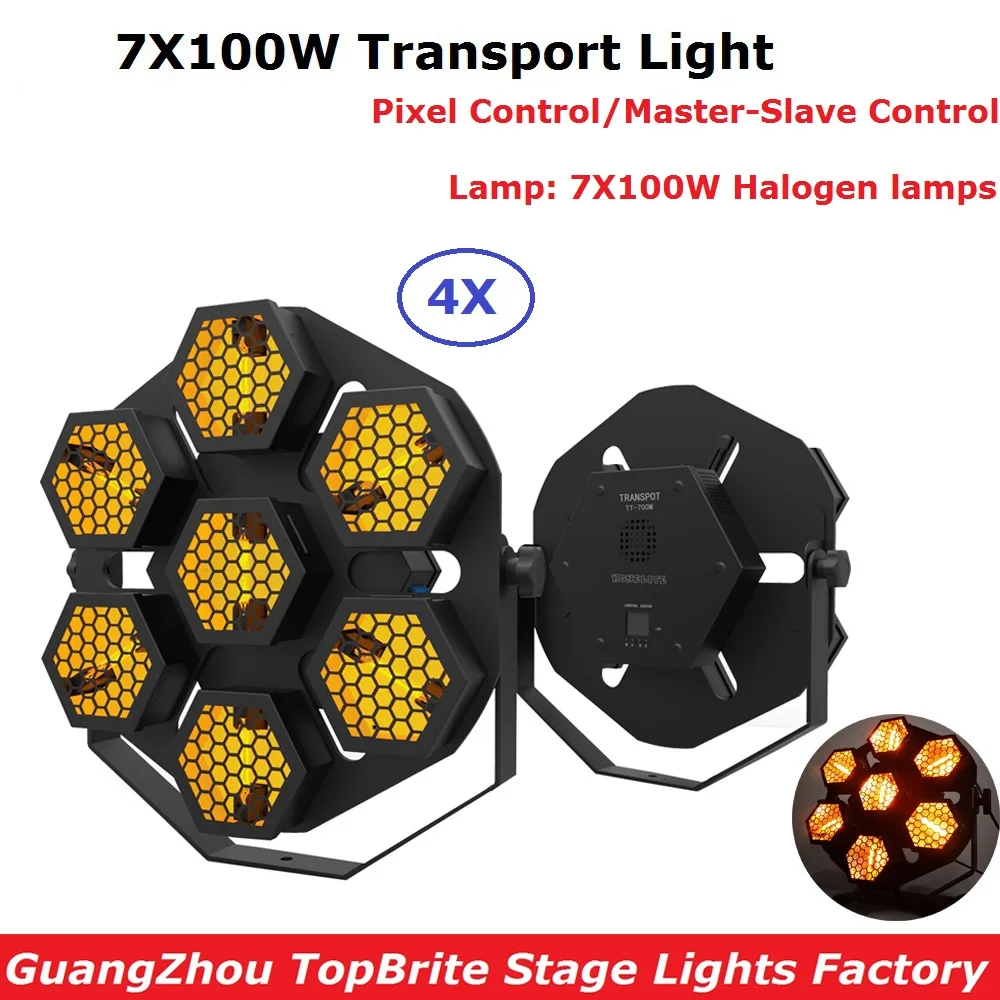 

4 Units Flightcase Pack DMX Stage Strobe Lights 7X100W Halogen Lamp Retro Flash Light LCD Display DMX 1/6/7 Channels New Design