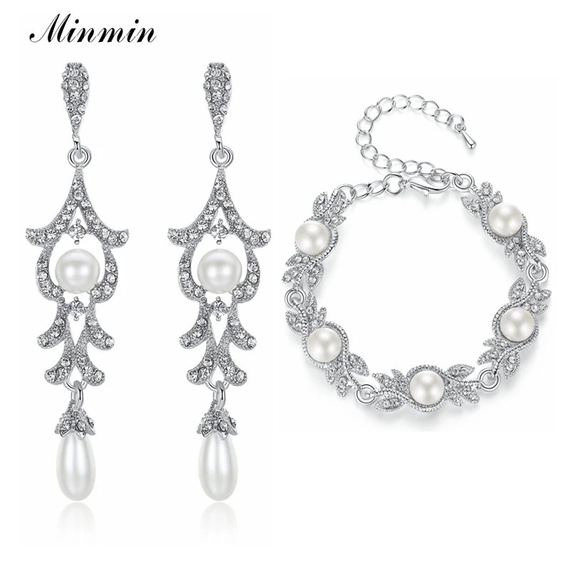 Minmin благородный искусственный жемчуг Свадебные Ювелирные наборы серьги с