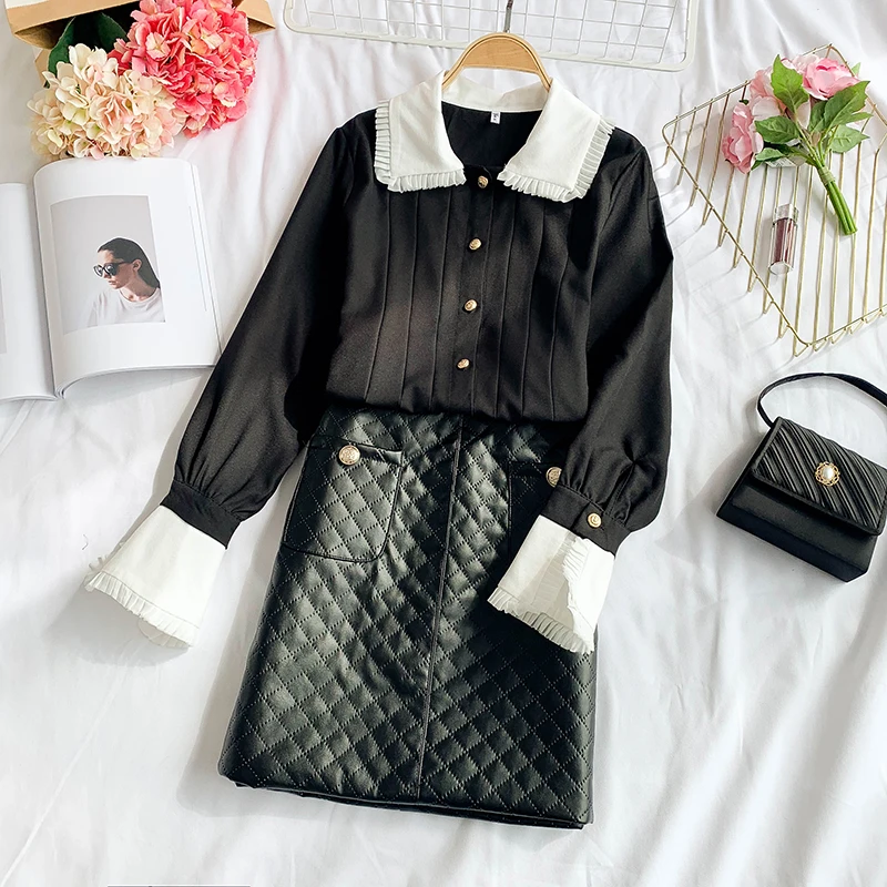 2019 Новый Модный женский комплект из двух предметов осенне зимний костюм рубашка