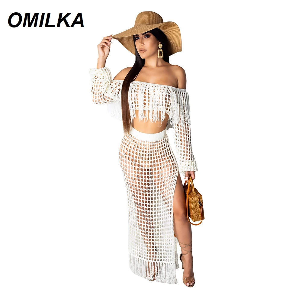 

OMILKA 2 Piece Lace Crop Top and Split Skirts Set 2019 Summer Women Long Sleeve Off the Shoulder Tassel Hollow Out Tracksuits