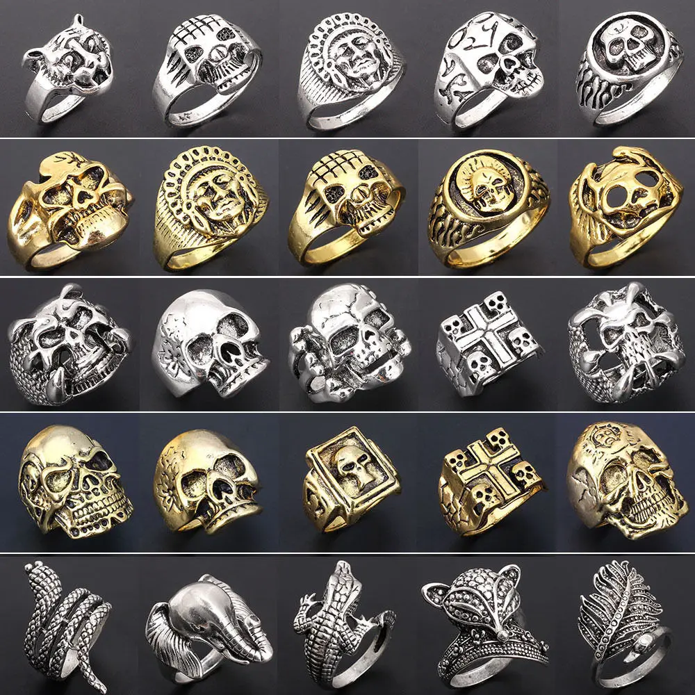 

Wholesale 20-piece ring set mixed batch men's and women's gold and silver retro skull punk style knight zinc alloy jewelry