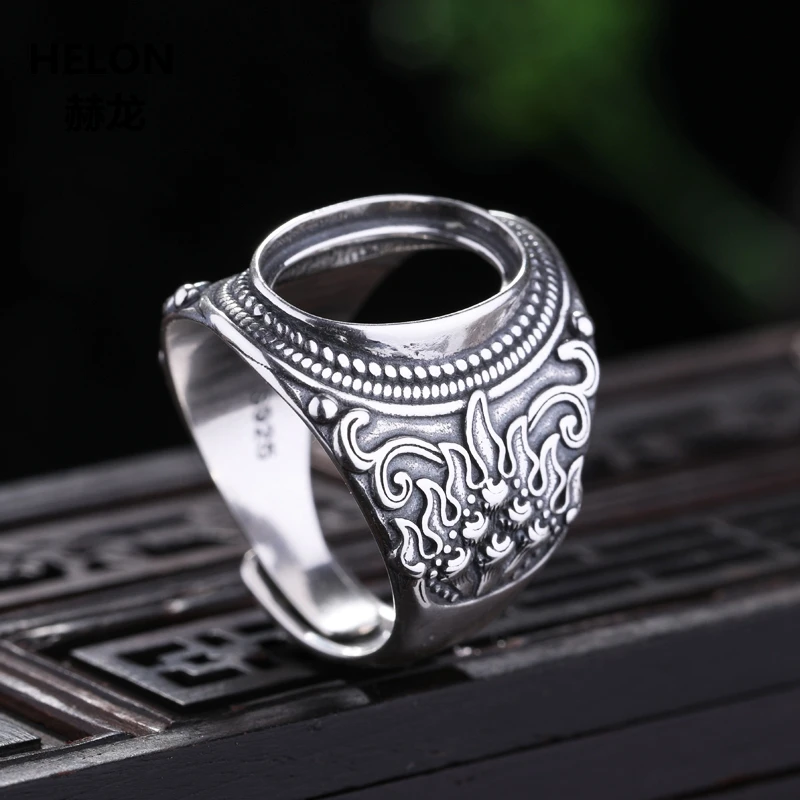 

925 Sterling Silver Men Engagement Wedding Ring Vintage Art Deco 11x15mm Oval Cabochon Amber Turquoise Semi Mount Ring Setting