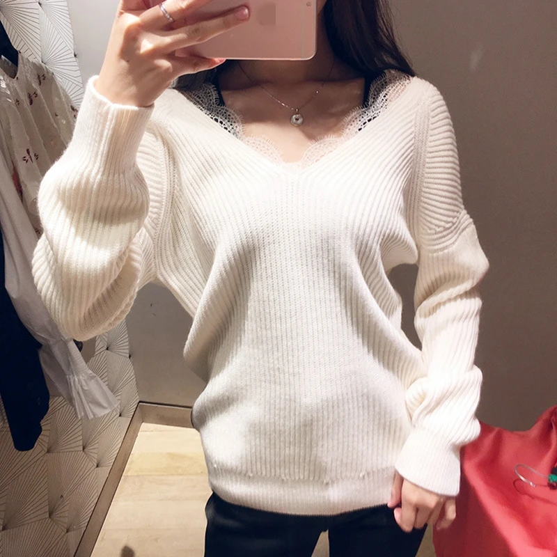 

Women White Knit Sweaters Long Sleeve Lace Trimmed Knitted Pullovers BIG SALE