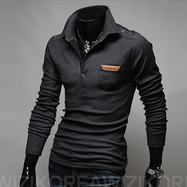2014 Mens Retro Button Turn Down Collar Men's Long Sleeve T-shirt Black Dark Grey Plus Size M L XL XXL |