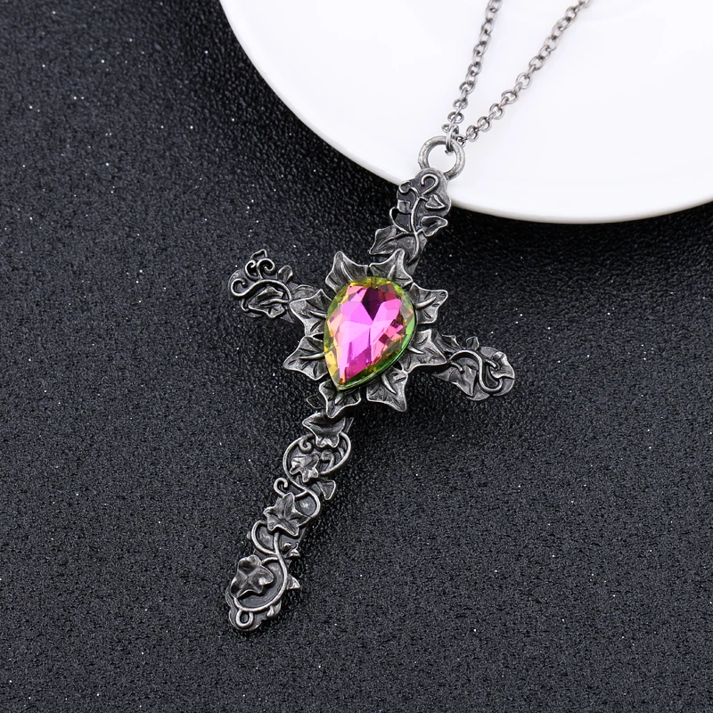 Rock Vintage Punk Jewelry Carving Cross Necklace With A Beautiful Crystal Zinc Alloy Chain Necklaces Women and Men Party Gift | Украшения и