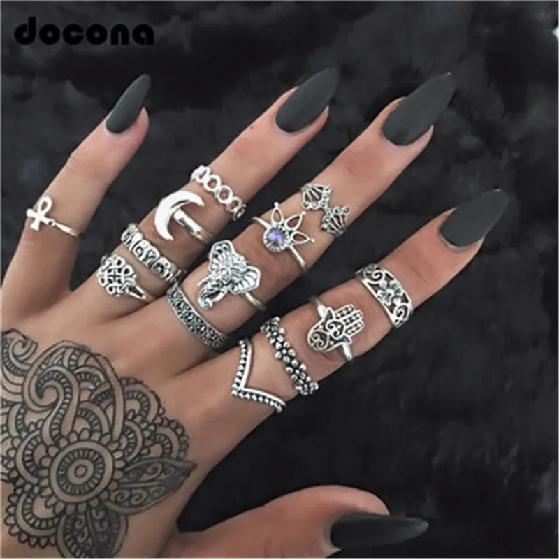 

Docona 13pcs/set Bohemia Antique Silver Color Stacking Rings Sets Elephant Hamsa Hollow Out Knuckle Rings for Women Jewelry 4096