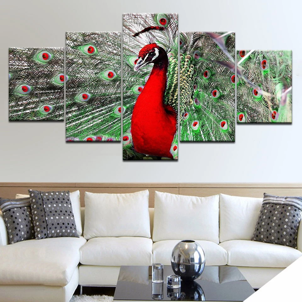 Модульная HD принты картины на холсте Wall Art Home Decor 5 шт. красный павлин Плакаты
