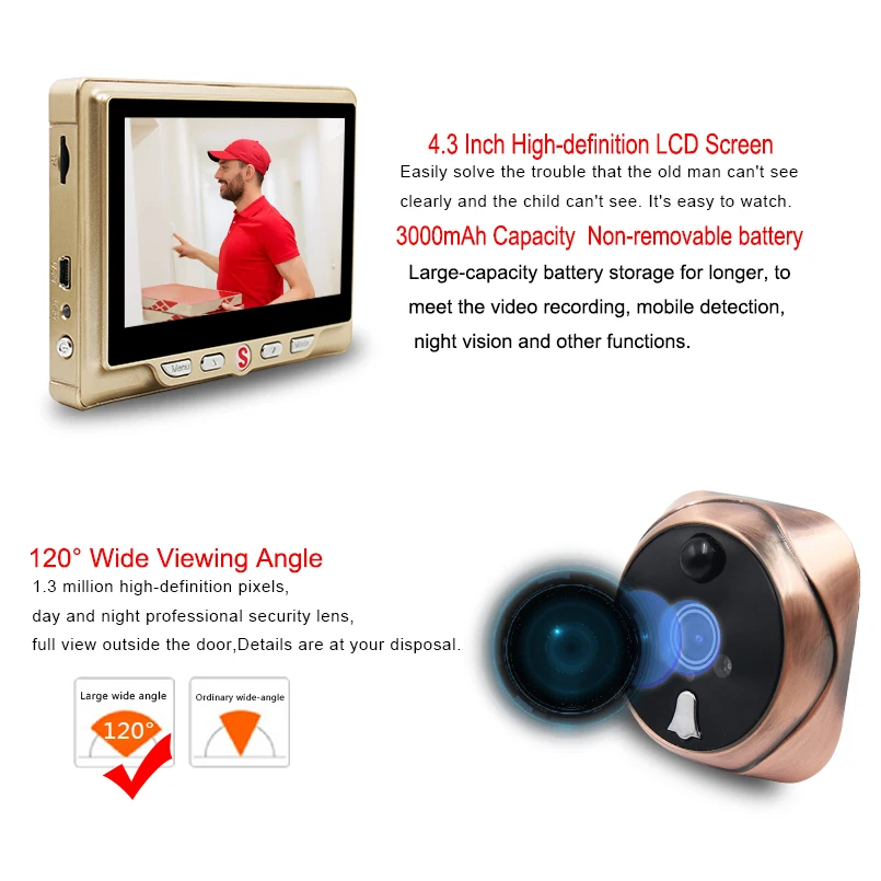 Saful Wireless Door Viewer Digital Zinc Alloy Doorbell with Night Vision Motion Detection Video Recording Peephole Camera | Безопасность