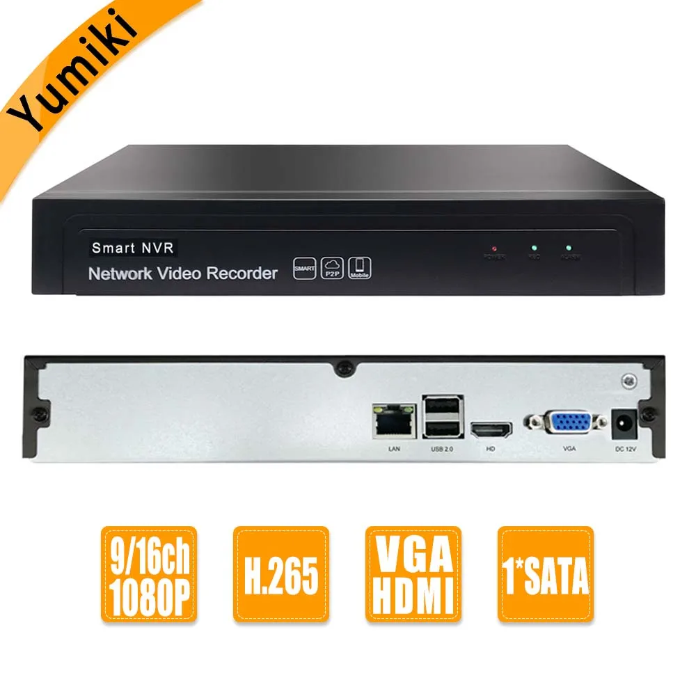 Yumiki H.265/H.264 9CH/16CH 1080P ONVIF NVR DVR видеорегистратор IP камера видеонаблюдения Система 1 SATA