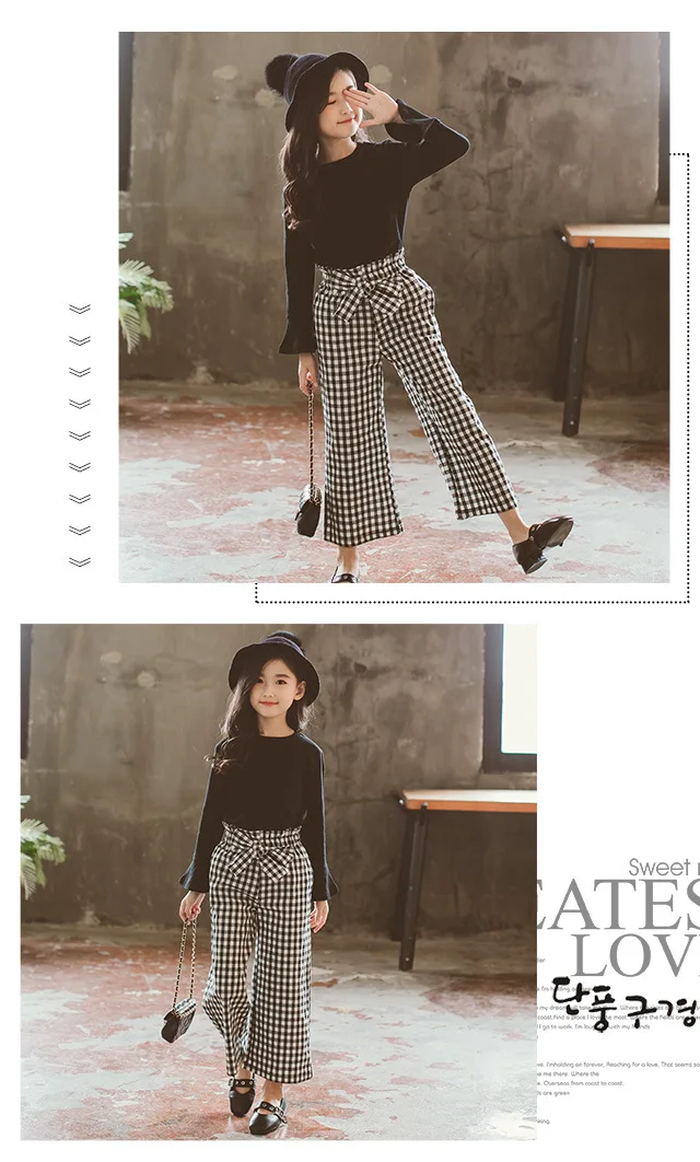 Spring Autumn New Girls Clothes Solid Color Horn Long-Sleeved Shirt+ Plaid Trumpet Trousers Girls Suit Children Clothing