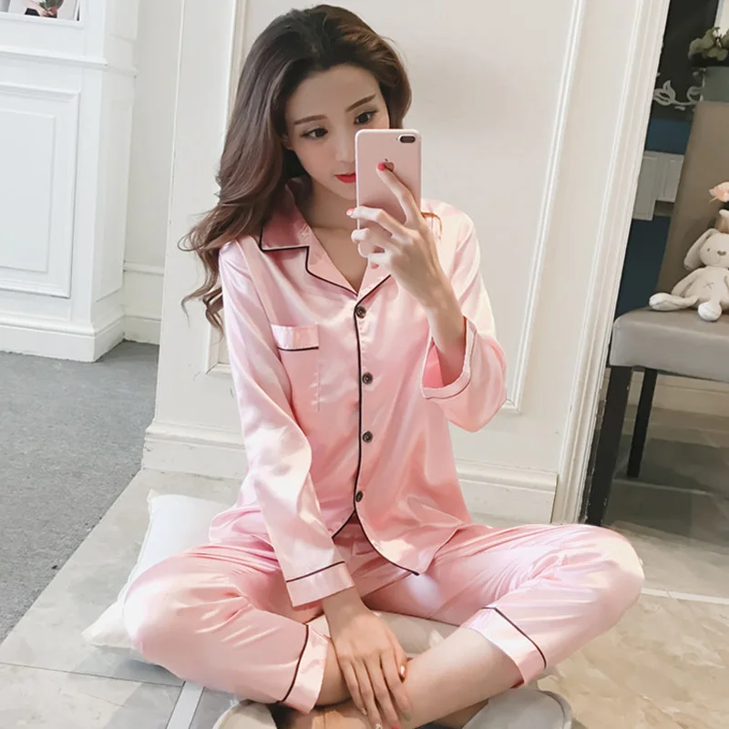 Summer Pajamas Women Home Clothes Suit Long sleeve Large Size Pyjamas Satin Sleep Tops Pants Woman Sleepwear Set Girls Nightwear | Женская
