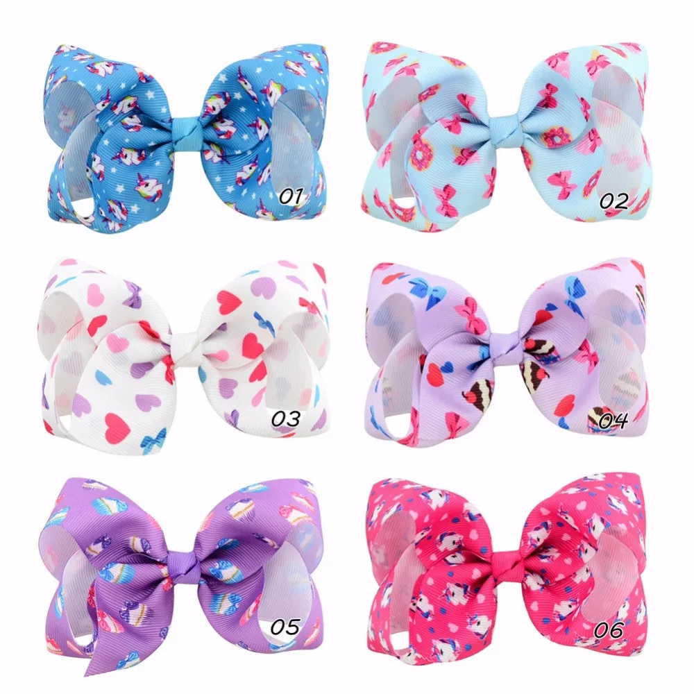 

6pcs/Lot 4inch Unicorn Cake Heart Print Grosgrain Ribbon Bow With Clip For Kids Handmade Floral Bows Girls Hair Accessories 863
