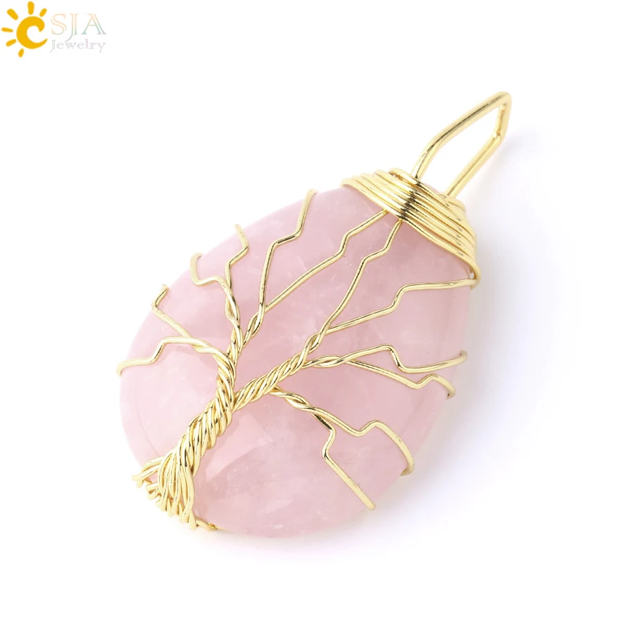 Rose Quartz A CSJA Дерево жизни ожерелье натуральный камень кулон золотой цвет проволока обертывание драгоценный камень розовый с кварцевым тигровым глазом зеленый авантюрин подвеска E585 - Окраска металла: Rose Quartz A