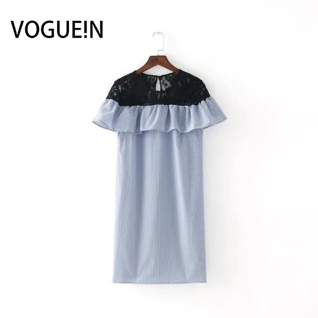 VOGUEIN новые женские полосатые печати кружева микс Раффлед деталь мини платье