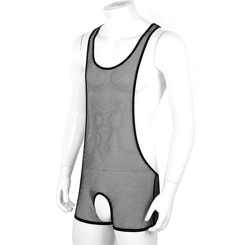 MSemis мужской экзотический цельный прозрачный боди прозрачная в крупную сетку без