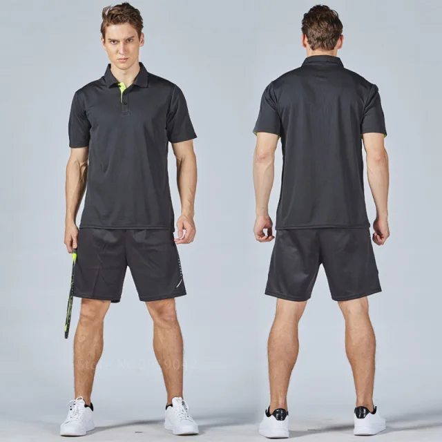 black set Мужские теннисные рубашки, наборы, дизайн, спортивный костюм, шорты с трикотажными вставками, дышащие, быстросохнущие, для бадминтона, для настольного тенниса, спортивная одежда - Цвет: black set