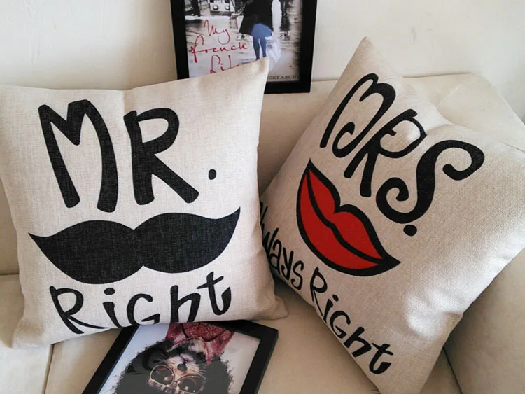 Наволочка для пар дивана Декор бороды красные губы Свадебная наволочка Mr &amp MRS