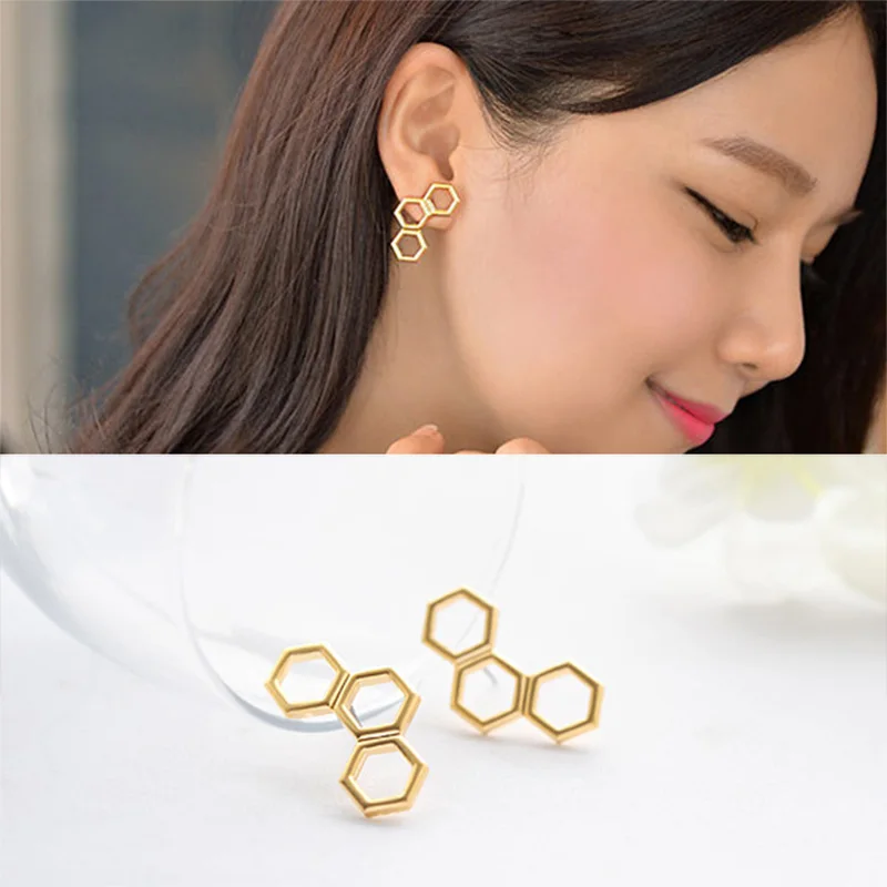 Gold Hollow Geometric Hexagonal Stud Earrings Women Simple Honeycomb Earring Jewelry Ear Accessories | Украшения и аксессуары
