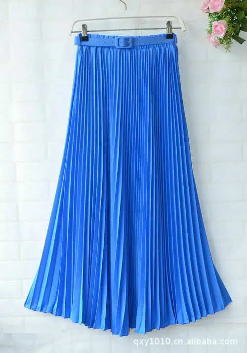 Womens Skirt Belt High Waist Solid Color Retro Maxi Chiffon Pleated Elegant Long Skirt Summer Skirt Womens New 13 Styles - Цвет: Синий