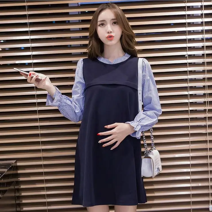 Поддельное платье из 2 предметов с длинным рукавом для будущих мам vestidos платья для кормящих грудью одежда для кормления удобное платье для беременных женщин голубого цвета - Цвет: Blue