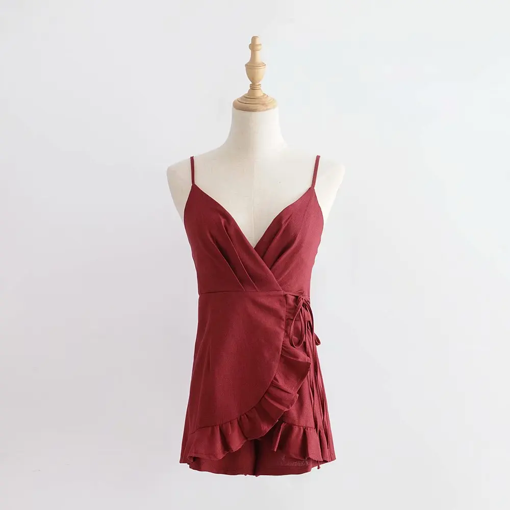 Женский пляжный комбинезон розовый короткий на шнуровке с оборками повседневные