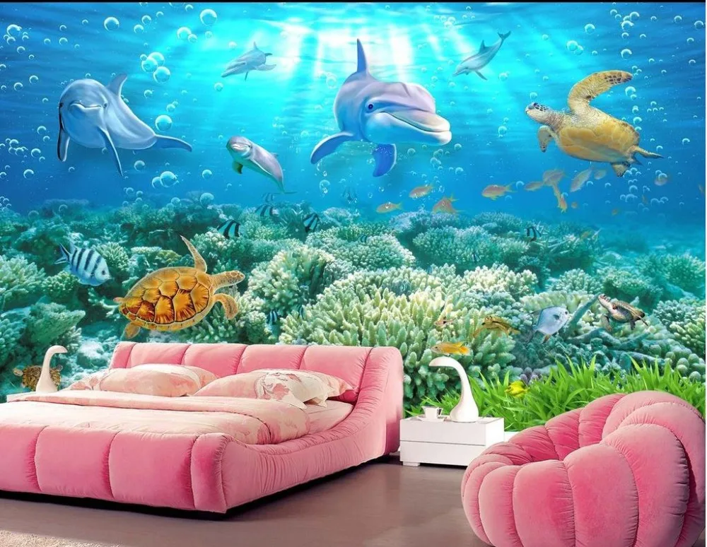 3d обои для комнаты подводный мир Дельфин 3D фон морские черепахи фото |