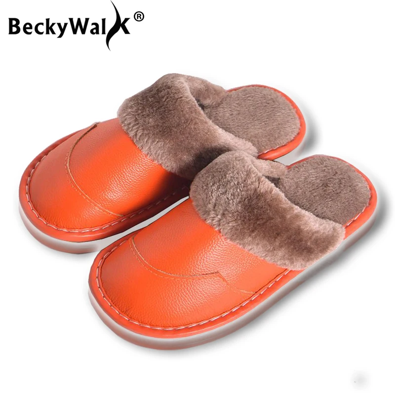 BeckyWalk/нескользящая зимняя обувь Женская домашняя Тапочки из натуральной кожи