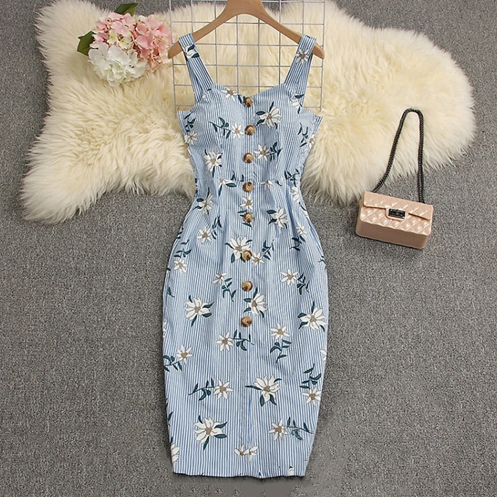 Платье-карандаш миди с v-образным вырезом и цветочным принтом на пуговицах летнее