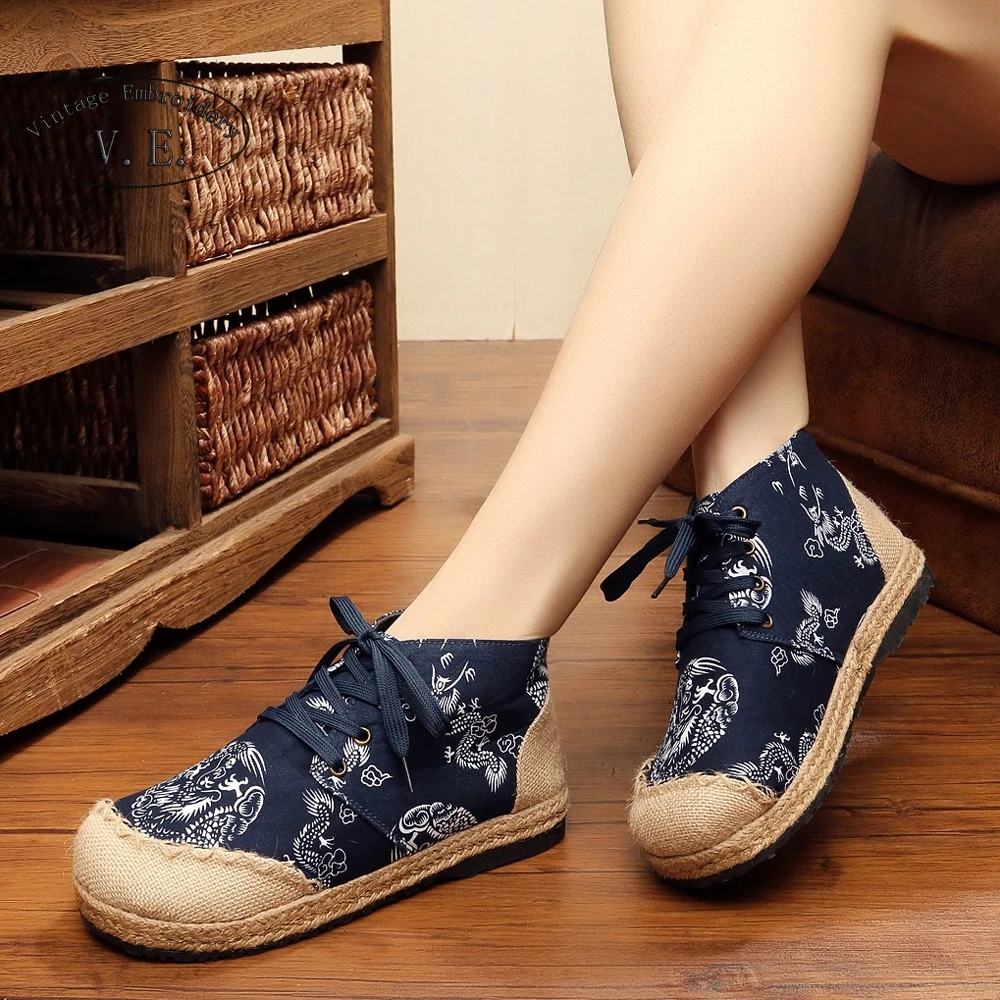 Women Shoes Vintage Dragon Print Embroidered Cotton Linen Canvas Cloth Single National Woven Round Toe Lace Up Flats