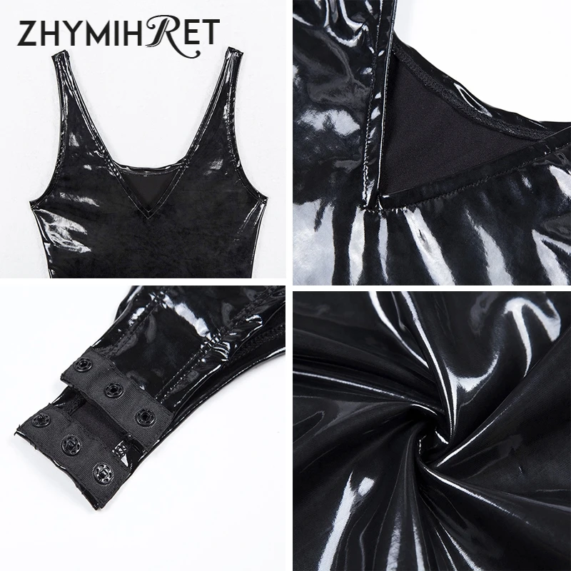Женский облегающий боди zhymifret Черный из искусственной кожи с v образным вырезом