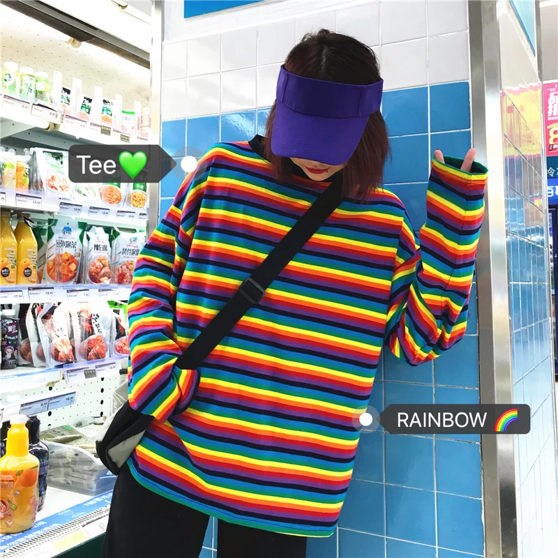Осень Корея ulzzang Harajuku bf Топы радужные полосы модная повседневная футболка с длинными рукавами уличная свободная с круглым вырезом Женская футболка