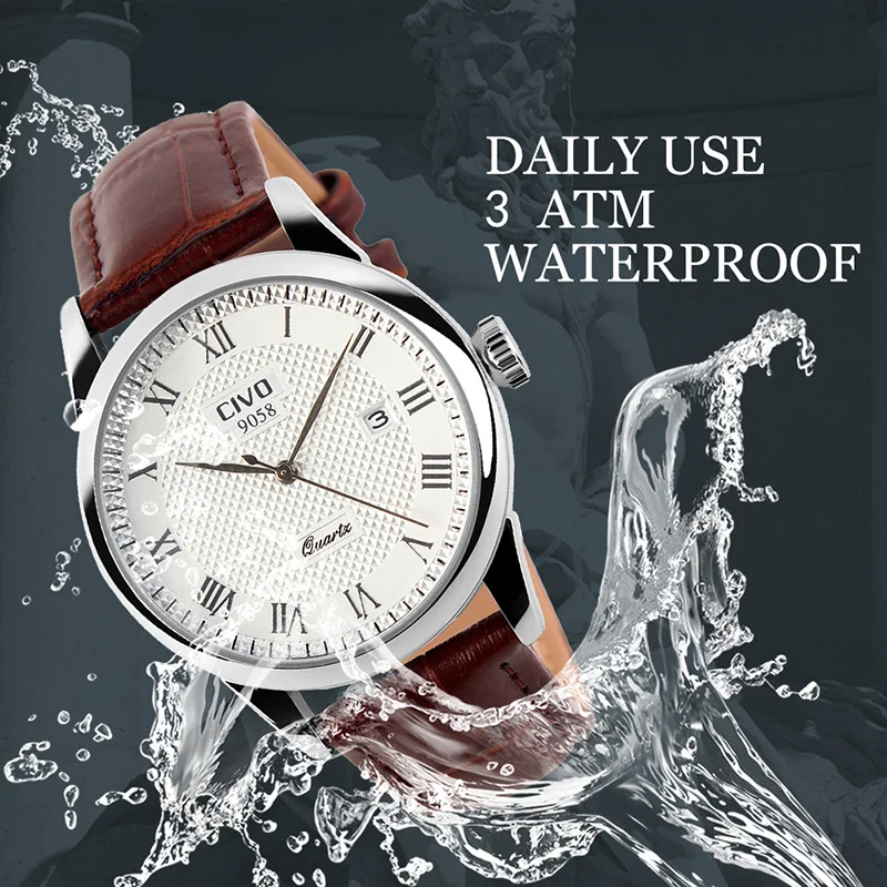 CIVO Mens Watches Waterproof Date Calendar Analogue Quartz Wrist Watch Men Brown Genuine Leather For Clock Erkek Saat | Наручные часы