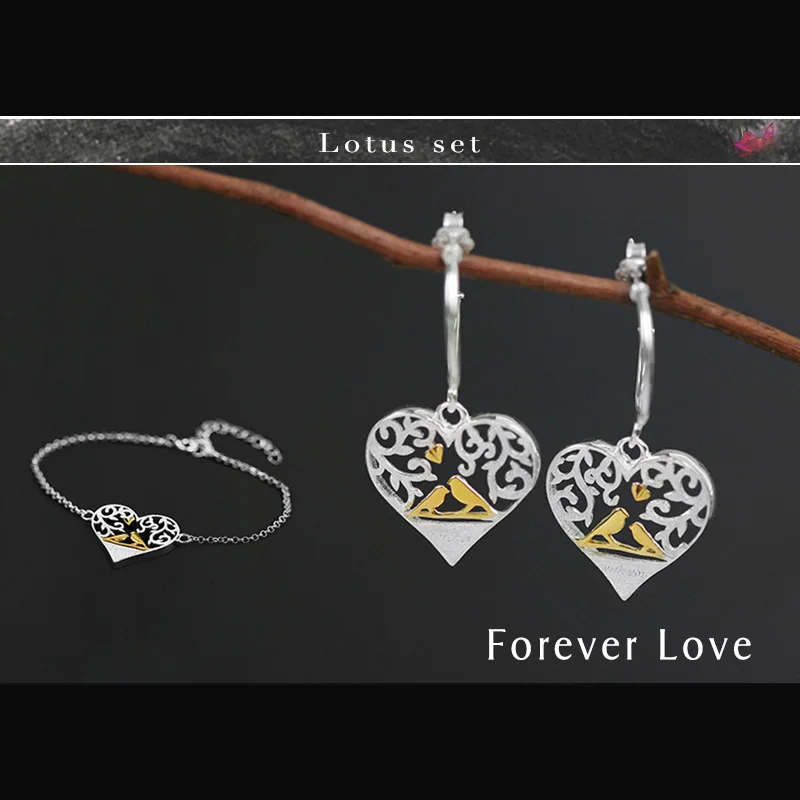 Earring and Bracelet Lotus Fun реальные 925 серебро творческий ручной Ювелирные украшения лес птица в сердце любовь Форма комплект ювелирных изделий - Цвет камня: Earring and Bracelet