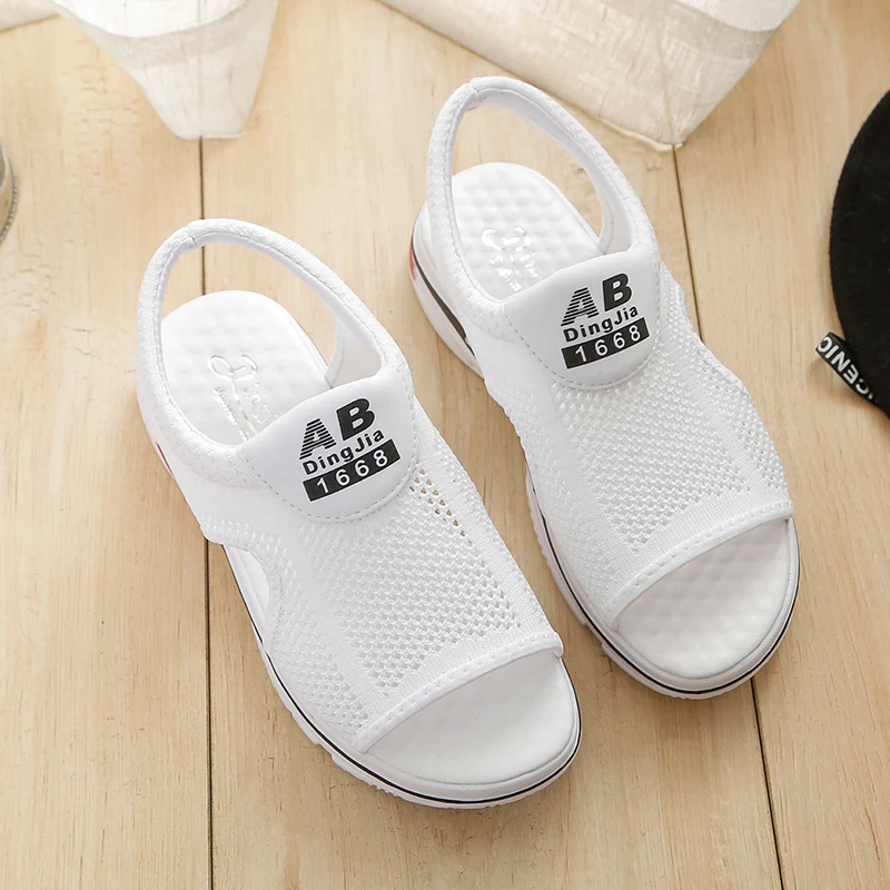 

Women Sandals 2019 Summer New Hollow Breathable Mesh Casual Shoes Running Shoes Flat Fish Mouth Sandals Flats Black Shoes Woman