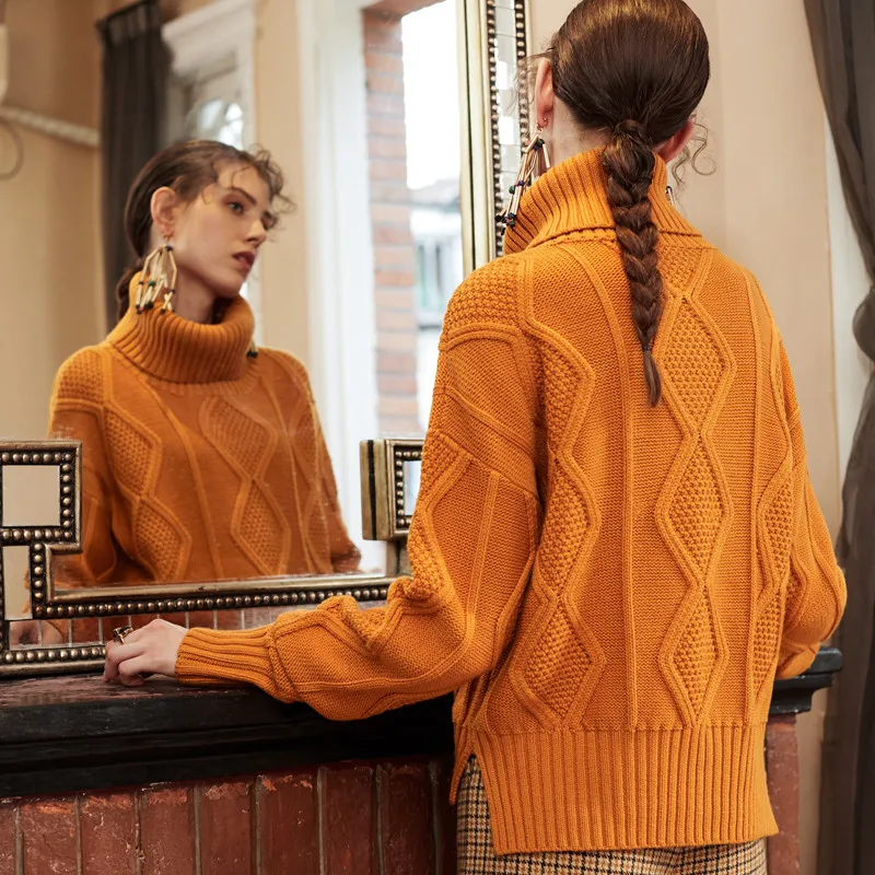merino wool blend argyle twisted knit women fashion pullover sweater H-straight wide loose high collar XS-L retail wholesale | Женская