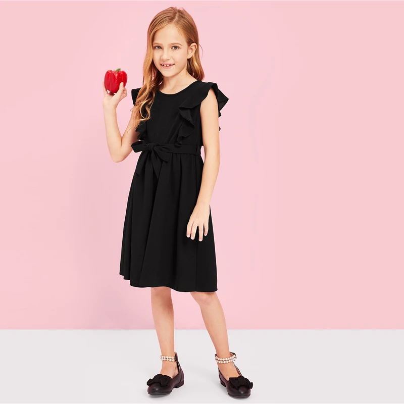 SHEIN/ г. Детские вечерние летние платья трапециевидной формы с оборками и поясом для девочек; Повседневные детские платья без рукавов; Одежда для девочек