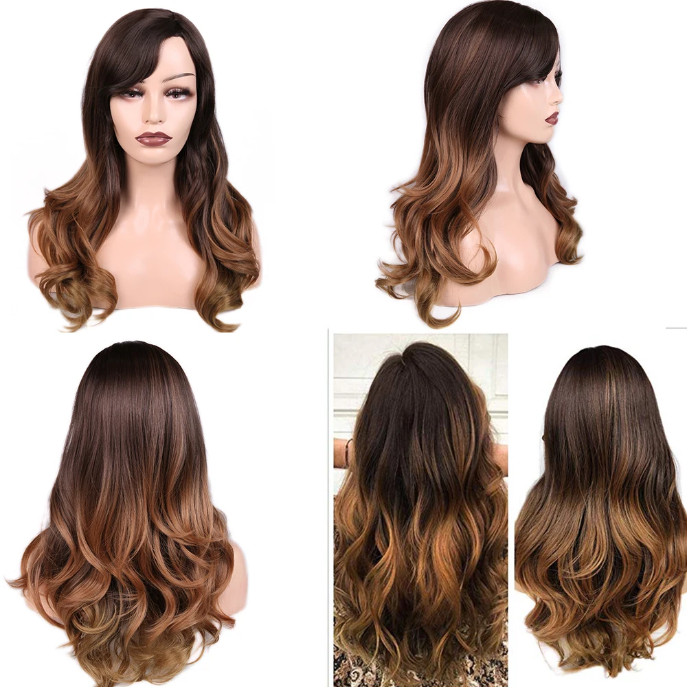 FAVE Премиум длинный синтетический парик объемная волна Ombre Цвет боковая часть Сакура розовый фиолетовый с челкой вечерние косплей для женщин парики