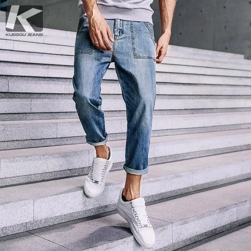 Blue KUEGOU осень джинсовые штаны-шаровары, Для мужчин бренда Slim Fit рваные бедствия штаны для мальчиков Модная уличная одежда в стиле «хип-хоп», джинсовые брюки 2377 - Цвет: Blue