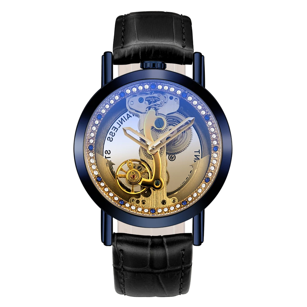 

SHENHUA Male Watch Automatic Mechanical Luxury Diamond Golden Skeleton Bridge Transparent Watch Men's Leather Strap Wristwatch