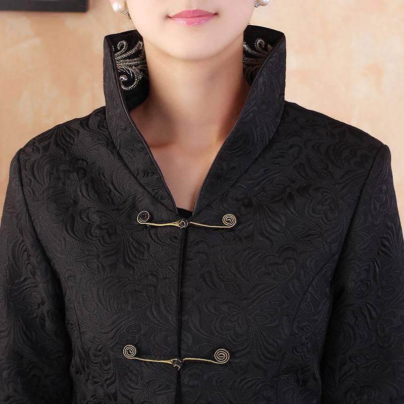 Женская удлиненная куртка черная Модная хлопковая в китайском традиционном