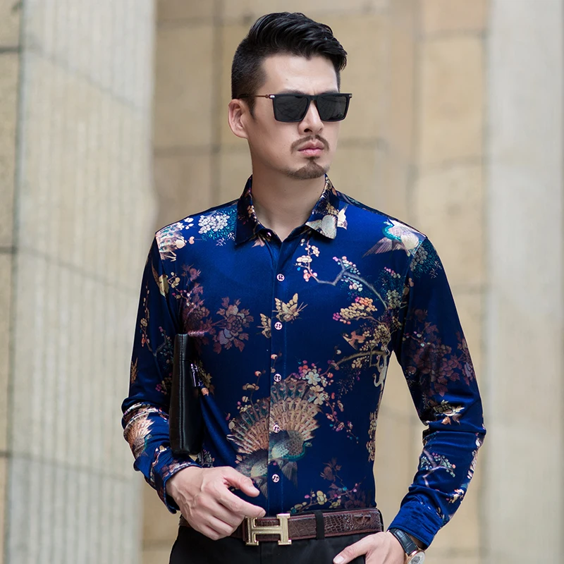 Mens gold velvet dress shirt autumn sexy male long sleeve flroal free shipping | Мужская одежда