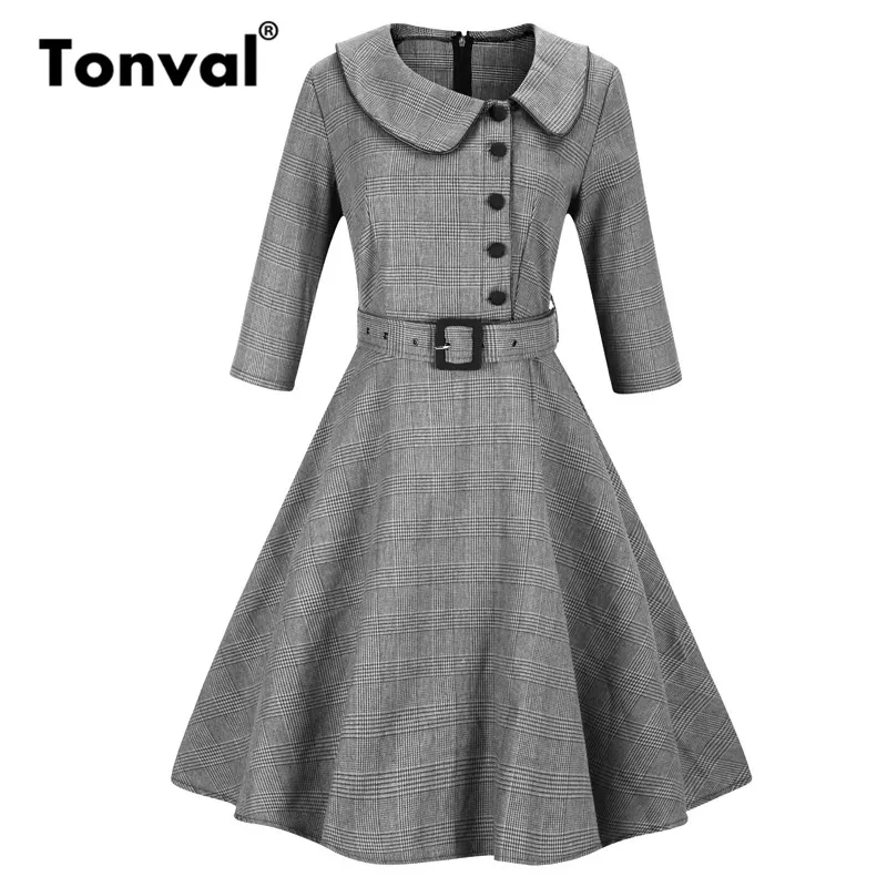 Black Three Quarter Tonval бургундское винтажное клетчатое платье на пуговицах женская одежда Кепка рукав офисное женское платье Летняя туника Ретро ТРАПЕЦИЕВИДНОЕ ПЛАТЬЕ - Цвет: Black Three Quarter