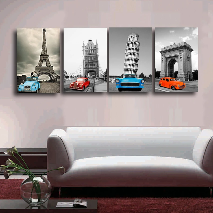 

4pcs Black and white living room modern minimalist car painting decorative mural paintings sofa Cheap picture on canvas No Frame