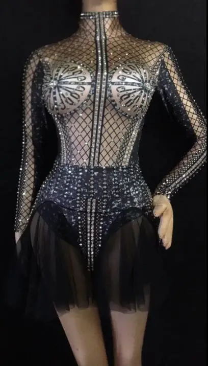 

Sparkly black sexy hollowed-out gauze dress rhinestone stretch dress bar nightclub concert singer dancer costume