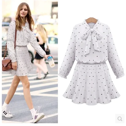 Women Dress 2021 Bow Above Knee Mini Dot Full A-Line Office Lady Chiffon Dresses Empire Ladies White 3418 50 | Женская одежда